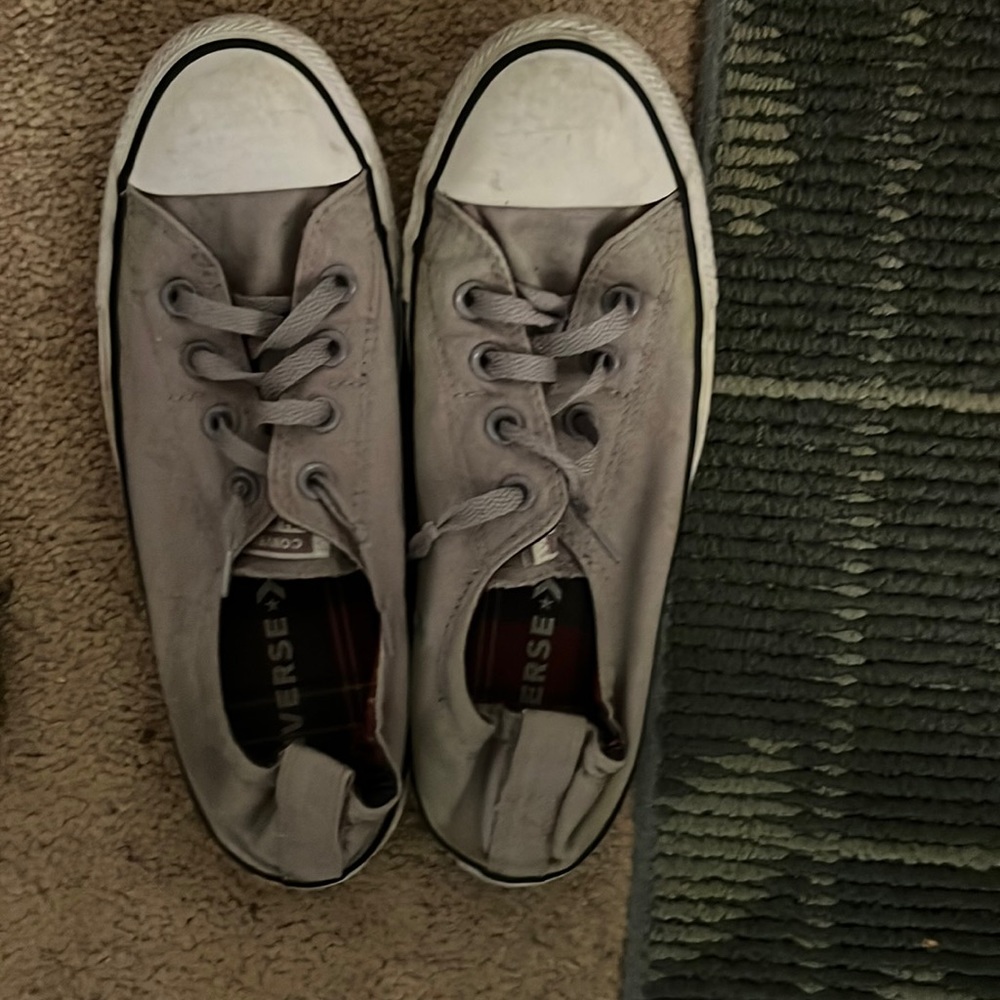 Grey converse slip on style with laces and plaid lining
